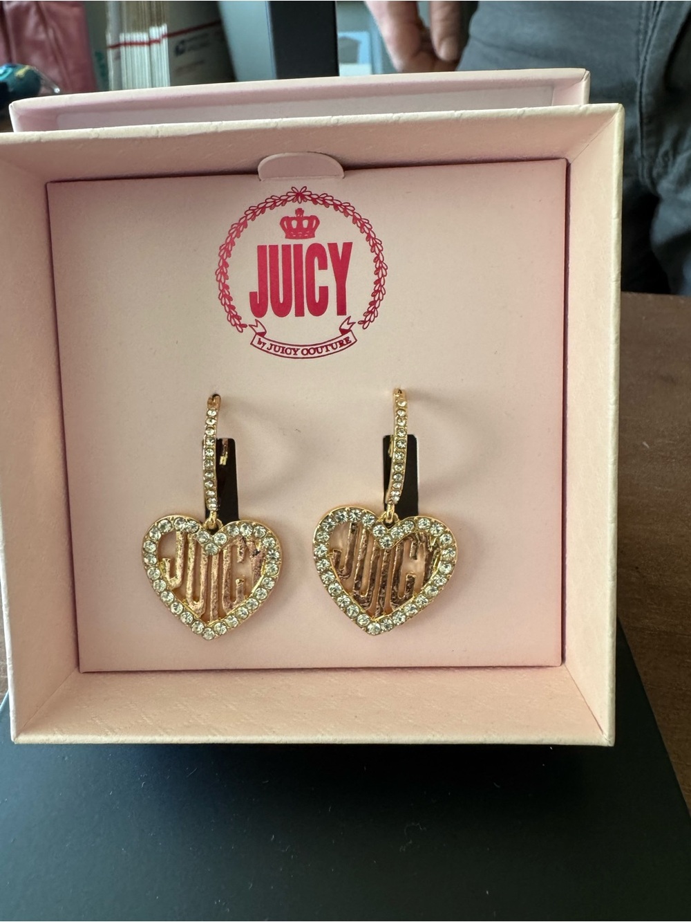Juicy Couture Gold and Crystal Heart Logo Dangle Earrings